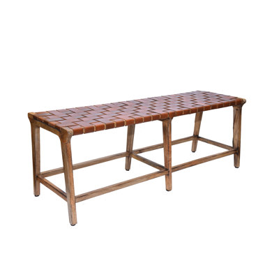 Rectangular Bench, Made with Solid Wood and Leather, 54x17x19