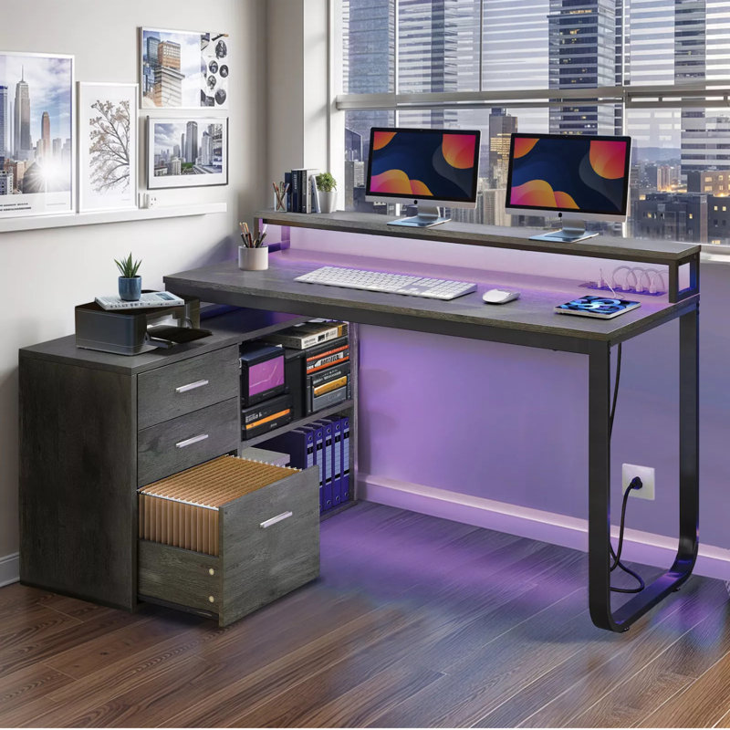 55'' L-Shape Computer Desk With LED Lights, Power Outlets & Drawer Shelves, Gray