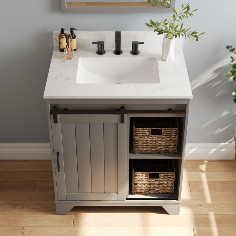 Gray 30" Freestanding Bathroom Vanity with Ceramic Sink and Storage Baskets