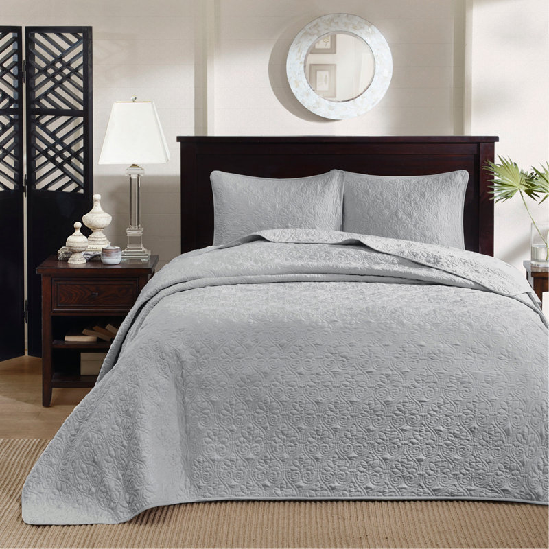 Ensemble de courtepointe réversible gris simple / simple TG, Motif floraux gris