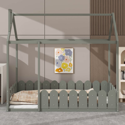 Wooden House-Style Bed Frame Adorned With Ornamental Fencing Details