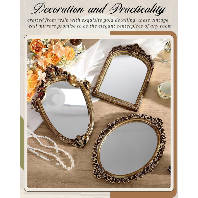 3 Styles Vintage Gold Mirror Set Wall Decorative, Vintage Wall Mirror Antique Hanging And Tabletop With Stand For Living Room Bedroom Dresser, Classic Home Decor(Classic Style)
