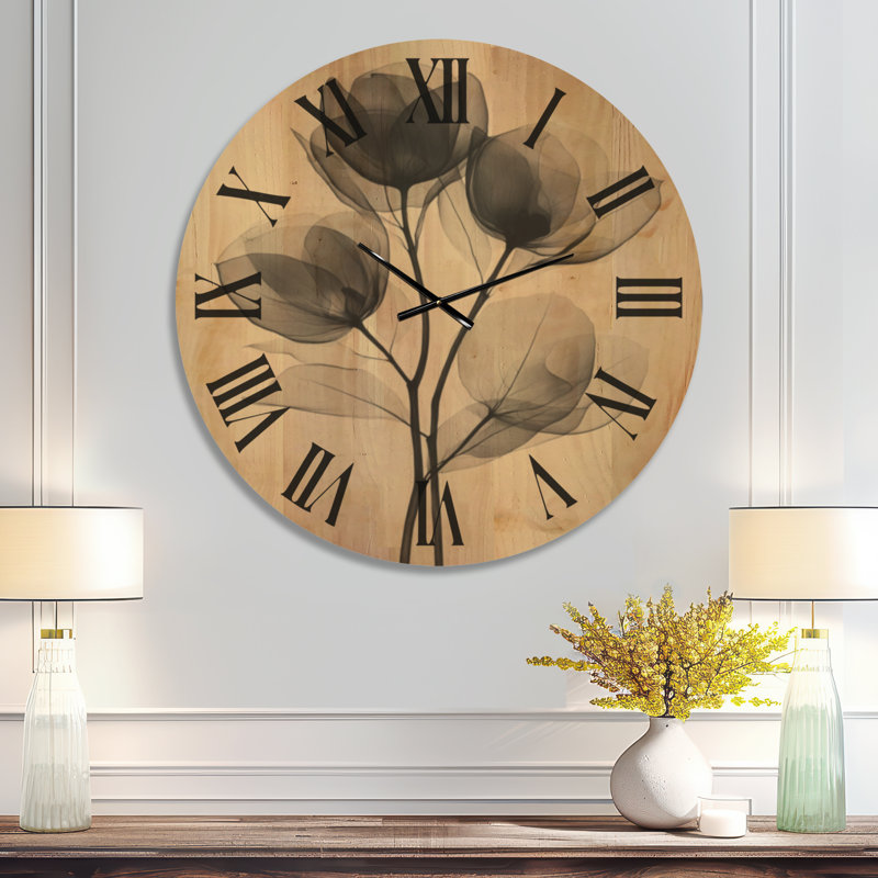 Horloge murale ronde minimaliste beige à motif tulipe translucide, imprimée sur bois., Extra Large