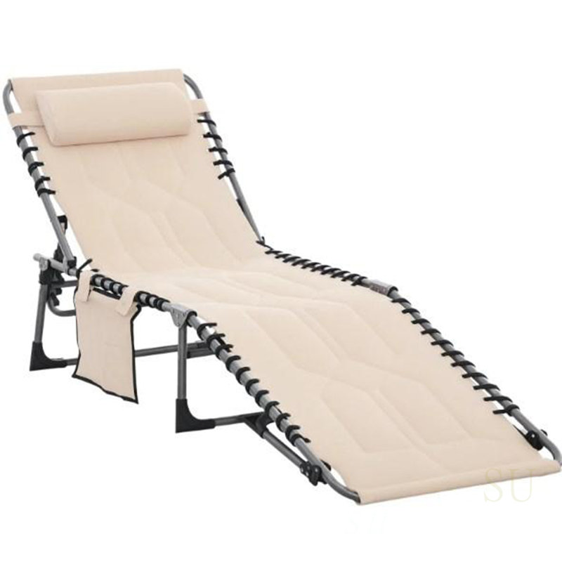 Outdoor Reclining Camping Tanning Chair, Padded Folding Chaise Lounge Chair