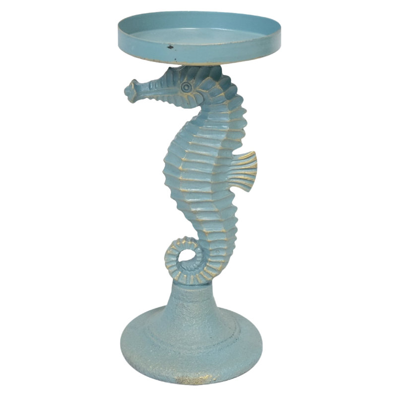 Polyresin Turquoise Seahorse Candle Holder For Pillars, Votive, and Tea Candles, 12.2" H x 5.25" W x 5.1" D