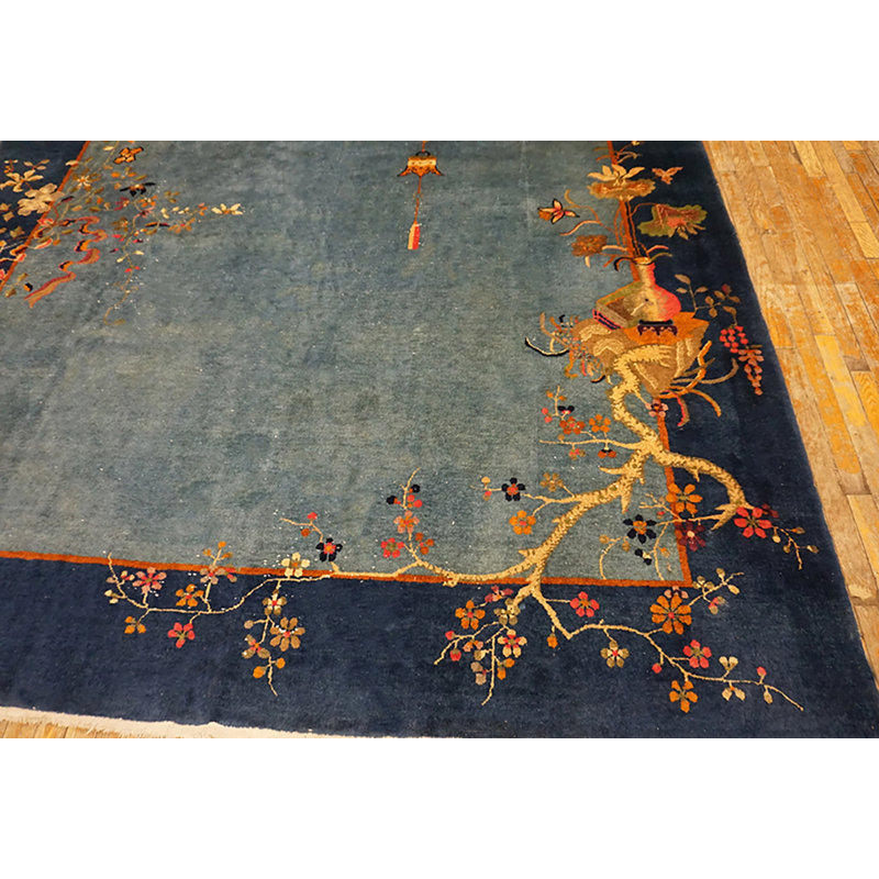 1920s Rectangle Hand Knotted Pile Wool Floral Antique Blue Rug