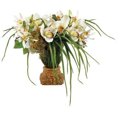 Cymbidium/Sedum en vase avec base dorée