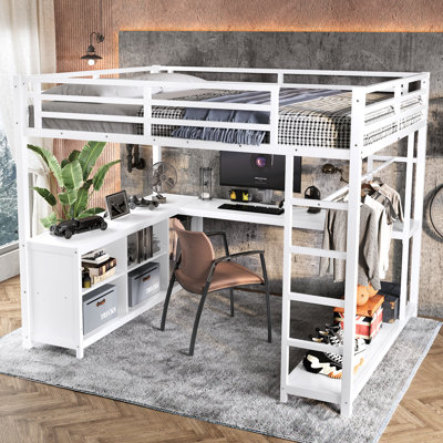 Grand lit mezzanine en métal avec garde-robe, bureau en L et tablettes de rangement - Lit mezzanine peu encombrant pour enfants, adolescents et adultes, blanc