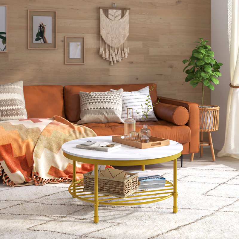 Table basse ronde avec rangement Breyon, Plateau blanc / base dorée