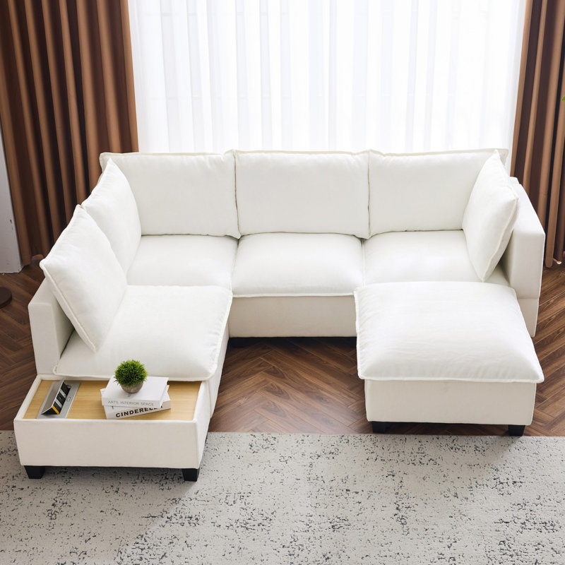 Canapé modulaire en U avec repose-pieds mobile, Blanc