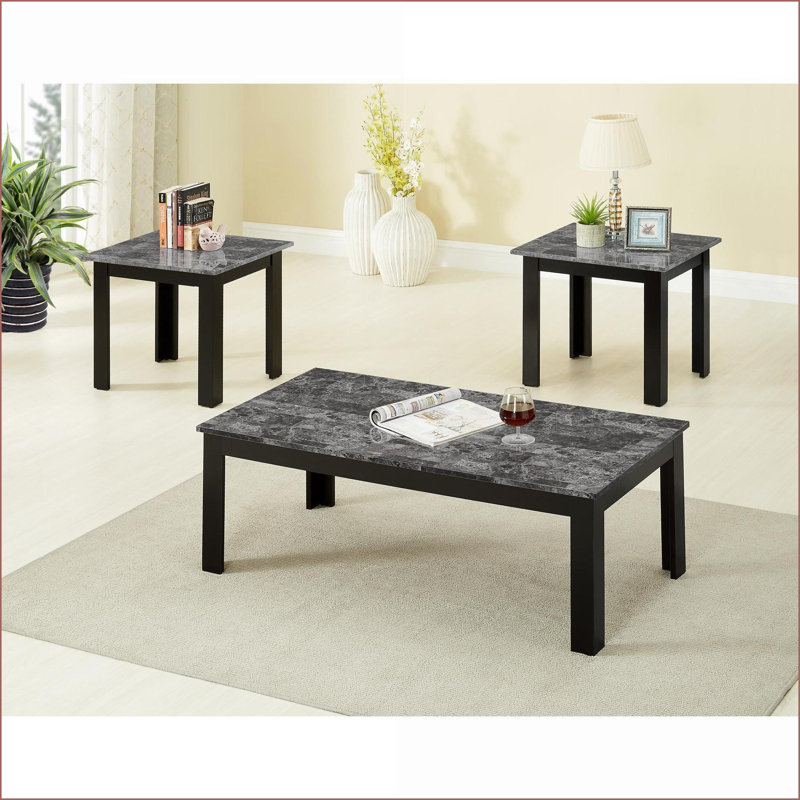 Ensemble de tables basses 3 pièces Traditional avec plateau en faux marbre gris, facile à assembler pour le salon
