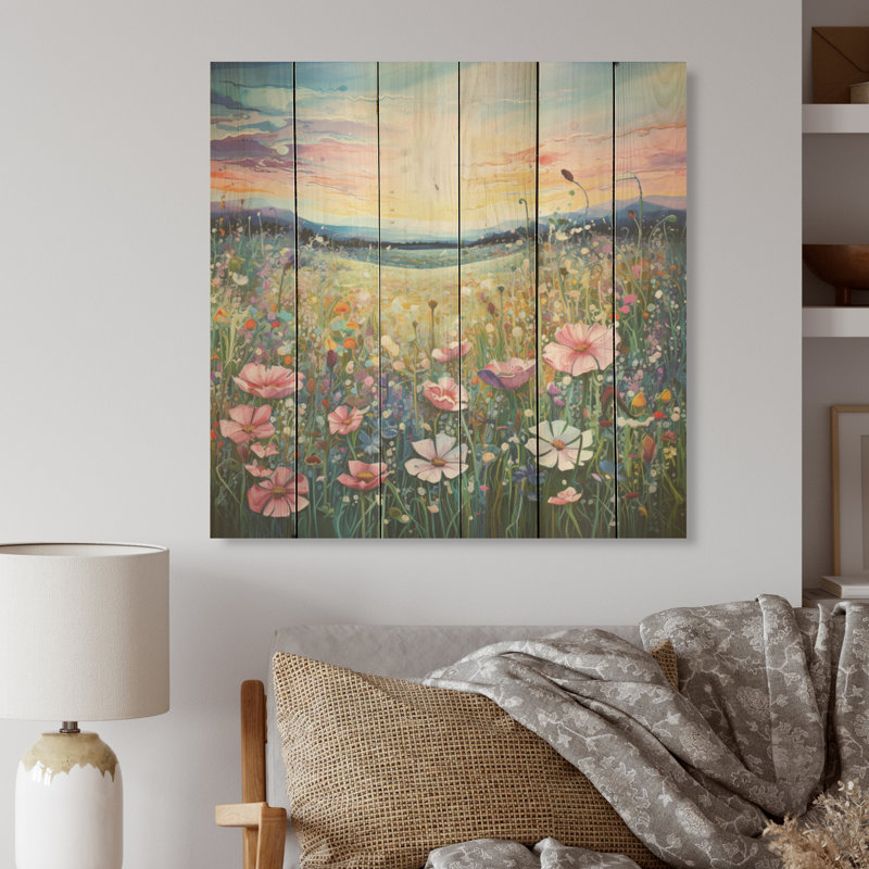 Fleurs roses dans un paysage de vallée - Art mural en bois champ de fleurs sur bois de pin naturel, H 25 po x l 25 po