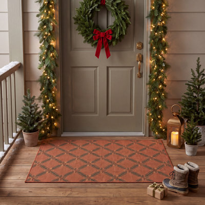 Tapis de sol Tiltyard Floral Orange Vert Or Antidérapant à poils courts Intérieur Extérieur Adapté aux animaux domestiques Salon Chambre Salle à manger Entrée Couloir Bureau Tapis de sol de Noël Motifs saisonniers houx, pin et terre cuite Cuisine Tapis de sol lavable et facile à nettoyer, idéal pour les zones de passage intensif