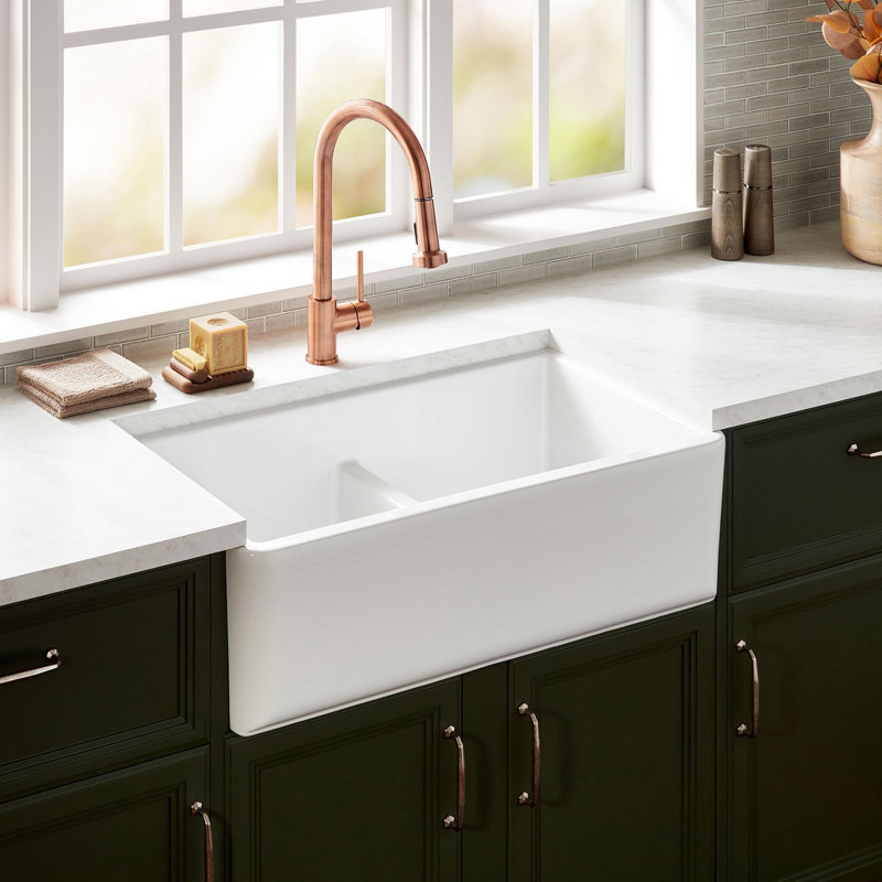 Grigham 33" L Double Basin Farmhouse / Apron Kitchen Sink, White