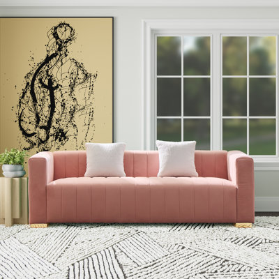 Clifford 87'' Luxury Velvet Sofa with 2 Pillows, Modern Channel-Tufted Couch with High-Density Foam Cushion for Living Room, Pink