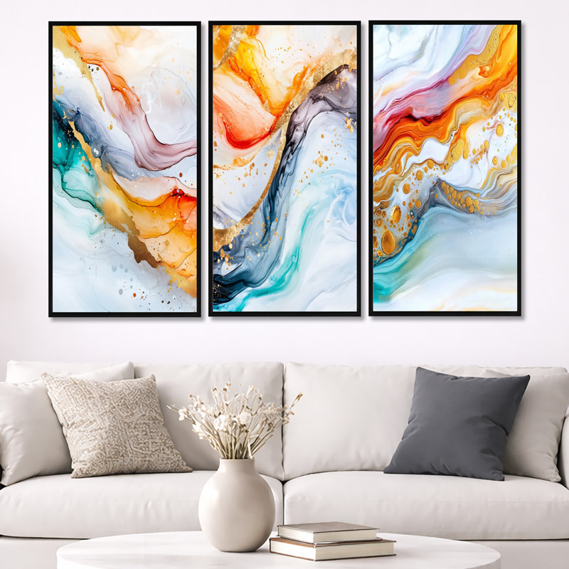 Encre, explosion de liquide - art mural abstrait 3 pièces, H 40 po x l 60 po, Cadre flottant noir