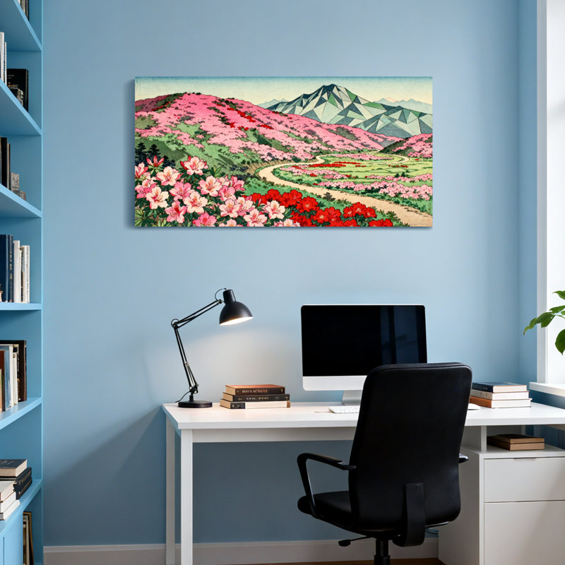 Paysage et nature Paysage de montagne avec fleurs roses et vertes collines, H 28 po x l 58 po