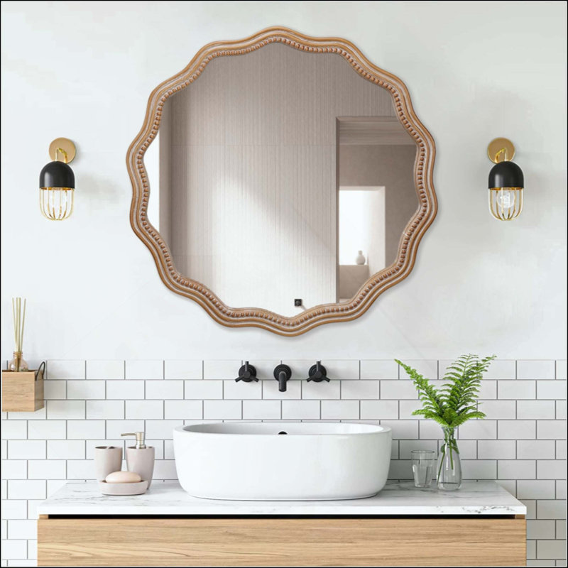 Miroir mural rond en bois ondulé, miroir mural festonné
