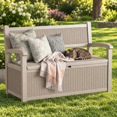 Banc de rangement extérieur de 378 litres (100 gallons), coffre de terrasse en résine étanche avec couvercle verrouillable, capacité de charge de 272 kg (600 lb), idéal pour ranger les coussins de terrasse et les accessoires de piscine.