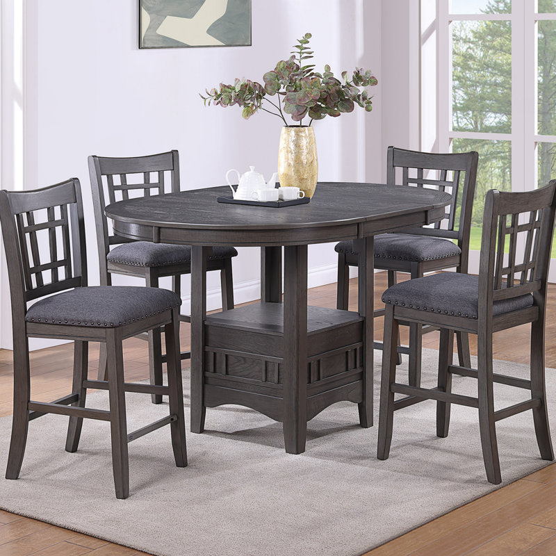 Gray Round Solid Wood Counter Height Dining Table with Shelf