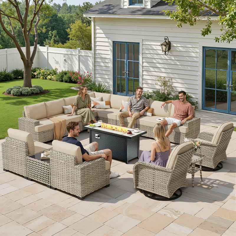 Outdoor 12-Person Rattan Settee Sofa Set, Equipped With A 54-Inch Liquefied Gas Fireplace Table, And Available In Multiple Color Options For The Cushions.