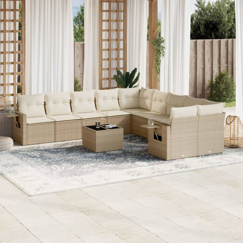 Ensemble de canapé de jardin en rotin PE beige, acier thermolaqué Vidaxl, verre trempé