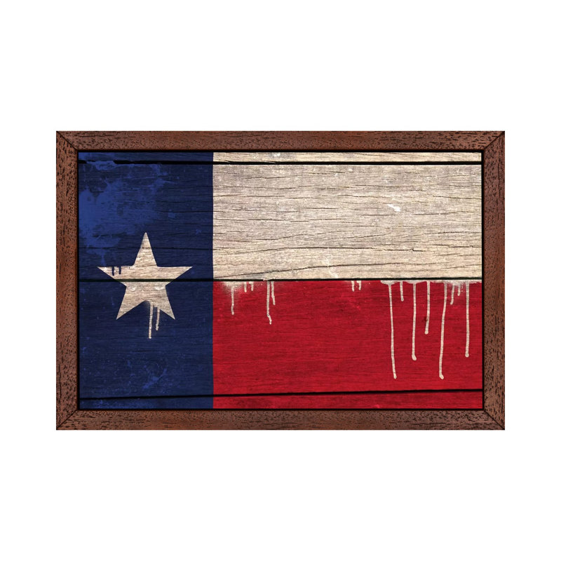 Texas Paint Drip State Flag On Wood Planks - Print on Canvas, 66.04 cm H x 45.72 cm W, Brown Floater Framed