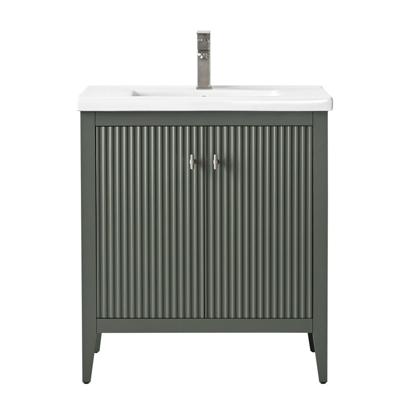 Meuble-lavabo sur pied à simple cuve 30 po avec plateau en céramique blanche, Nickel brossé, Linéaire vert rétro, 30"