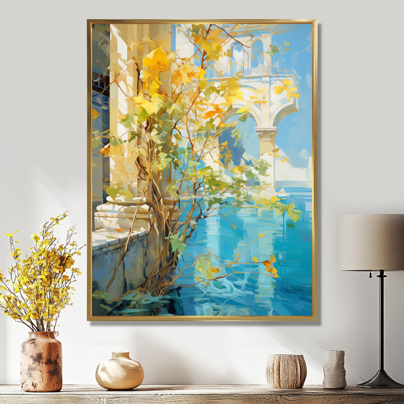 Arbre jaune, paysage grec de la mer Méditerranée - arbre, art mural, salon, Toile avec cadre flottant or