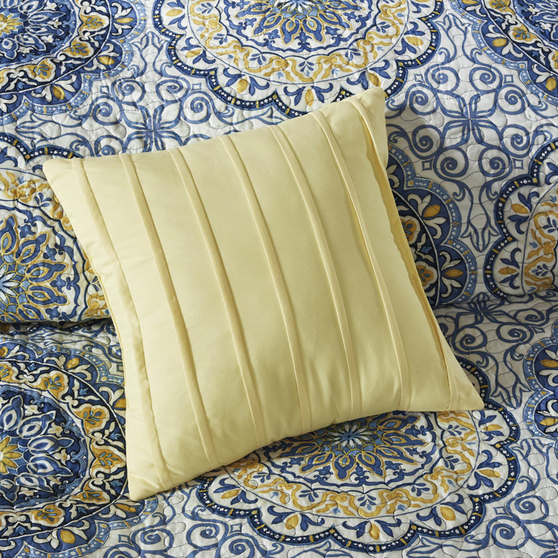 Courtepointe très grand / très grand bleu - médaillon floral, coussins brodés, matériau de microfibre 6 pièces, très grand lit, avec grands médaillons, 100%