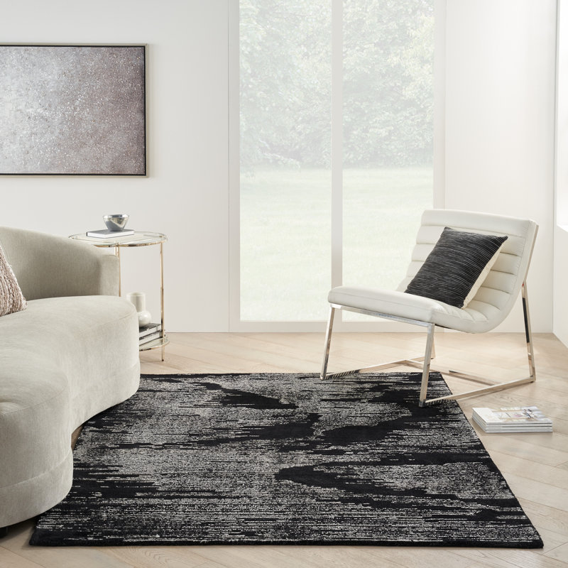 Abstract Area Rug in Black/Ivory, Rectangle 5'3" x 7'3"