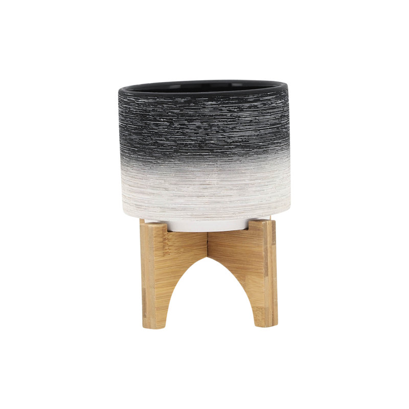 Jardinière en céramique de 5 po sur support en bois, gris - Transformez votre espace piscine avec support