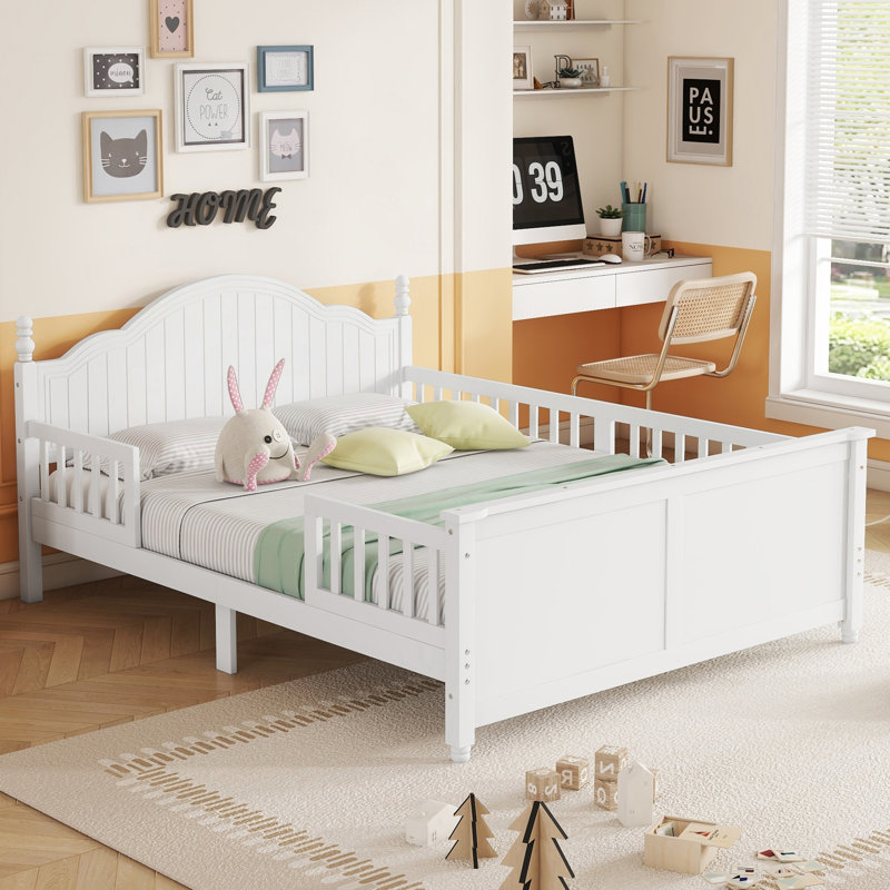 Full Size Bed For Kids, Wood Full Platform Bed with Headboard, Footboard, and Safety Guardrails, White, White, Full