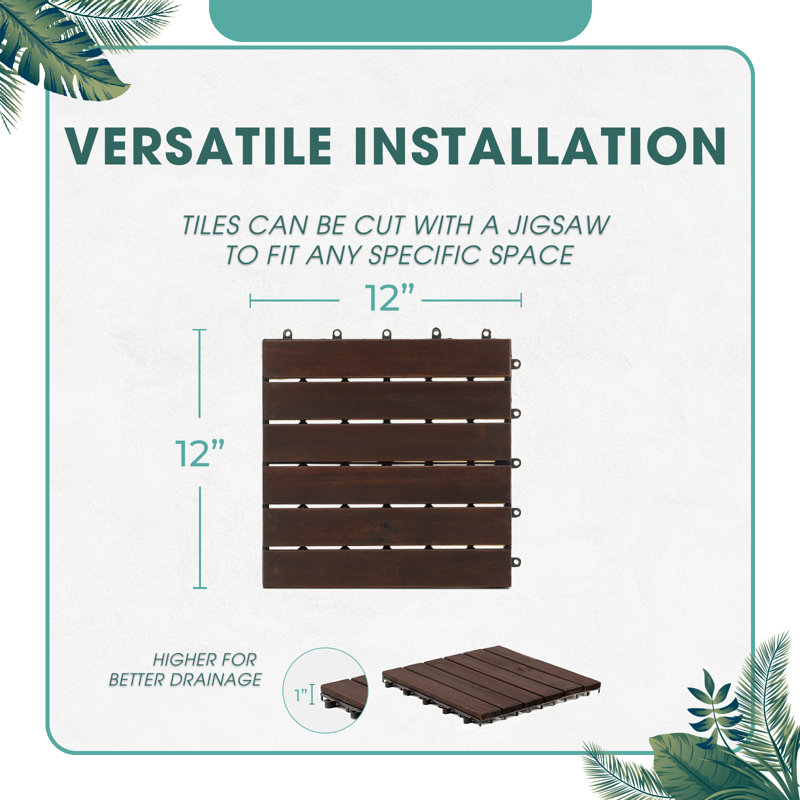 12'' L x 12'' W x 1.0"H Wood Interlocking Deck Tile, Dark Brown