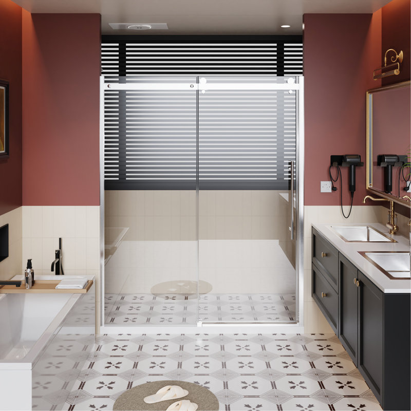60.in W x 72.in H Frameless Shower Door Single Sliding, 1/4 inch Thick Clear Tempered Glass Shower Door with Zinc Roller Rail System, Stainless Steel Handle,Chrome