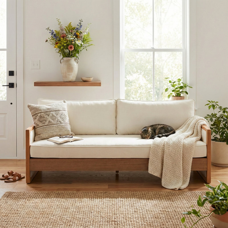 3-Seater Modern Coastal Solid Wood Frame Chenille Sofa with Open Arm Design, Beige