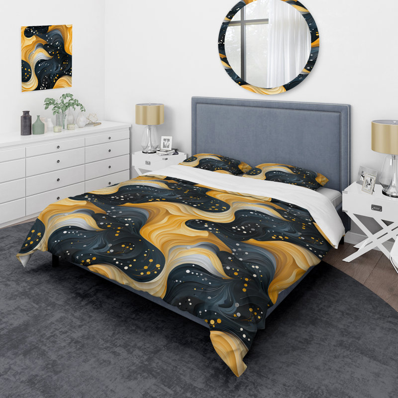 Ensemble de housse de couette en microfibre Yellow And Black Midcentury Waves Fusion I