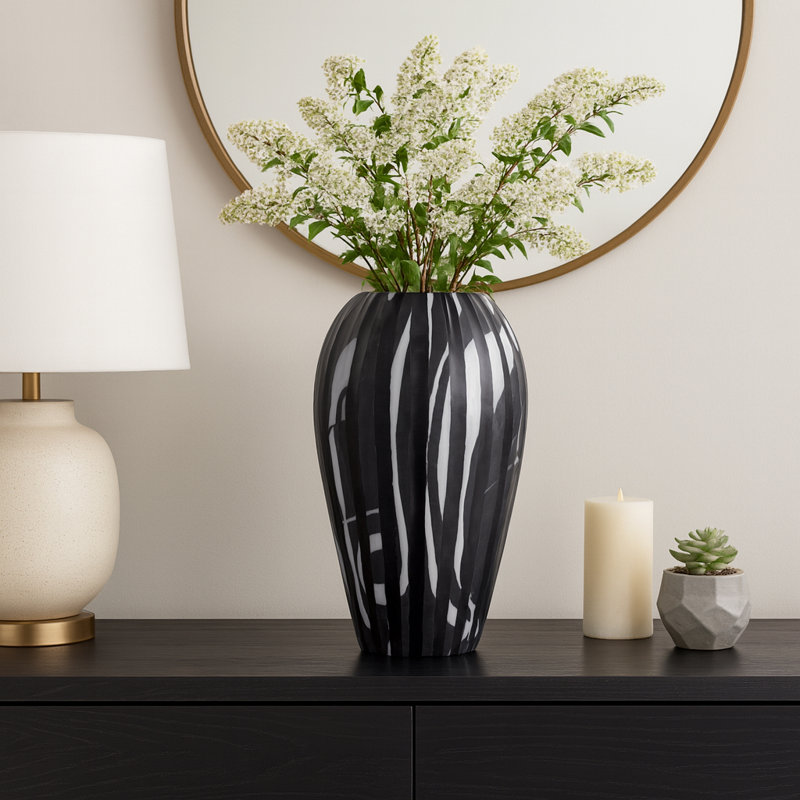 Striped Tall Glass Vase for Table Home Decor - Black and White Flower Statement Vase for Living Room Styling and Decorative Display - Black & White