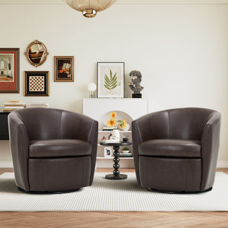 Leather Upholstered Swivel Barrel Chair—No Assembly Required, Chocolate Faux Leather