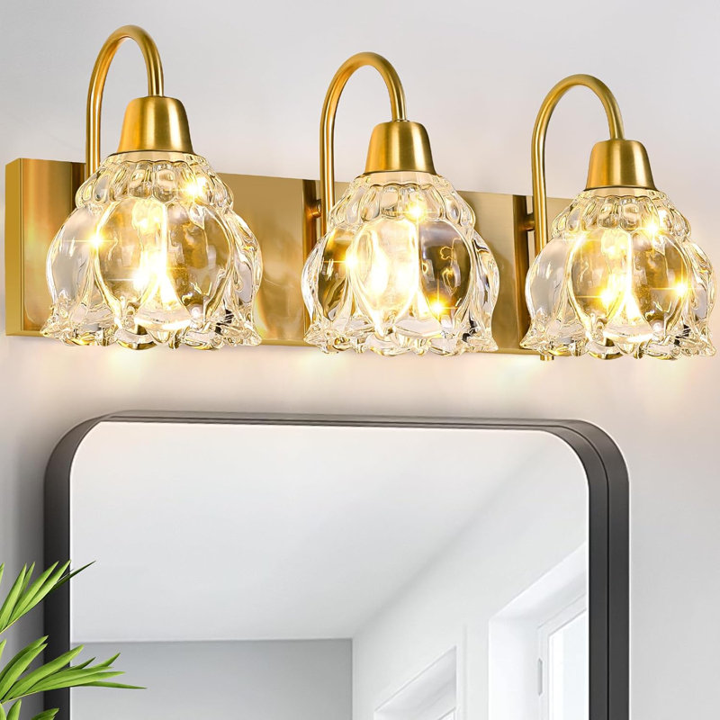 Modern 3-Light Bathroom Vanity Fixture With Flower Glass Shade, Wall Mount Light For Mirror, Kitchen, Bedroom, Hallway, Living Room, E12 Sockets