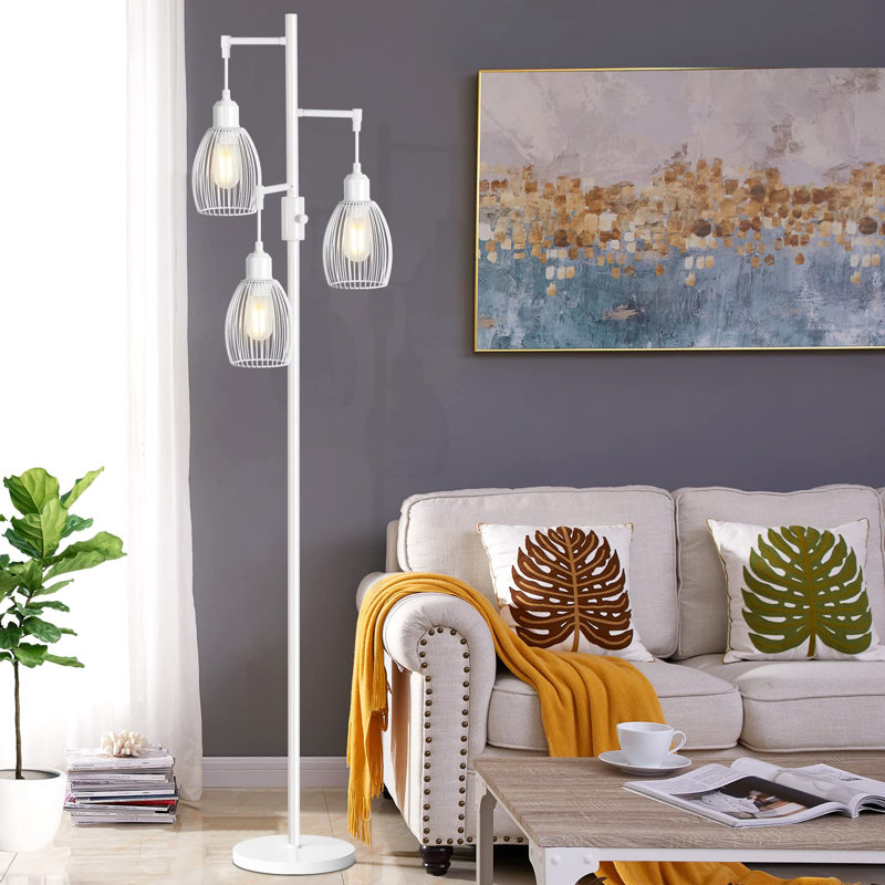 Élégante lampe sur pied rétro industrielle avec abat-jour cage, Blanc