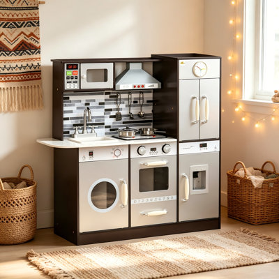 Cuisine de jeu en bois avec lumières et sons Qaba, ensemble de cuisine pour enfants avec machine à laver, distributeur d'eau, micro-ondes, hotte, réfrigérateur et ustensiles - Cadeau pour les enfants de 3 à 6 ans