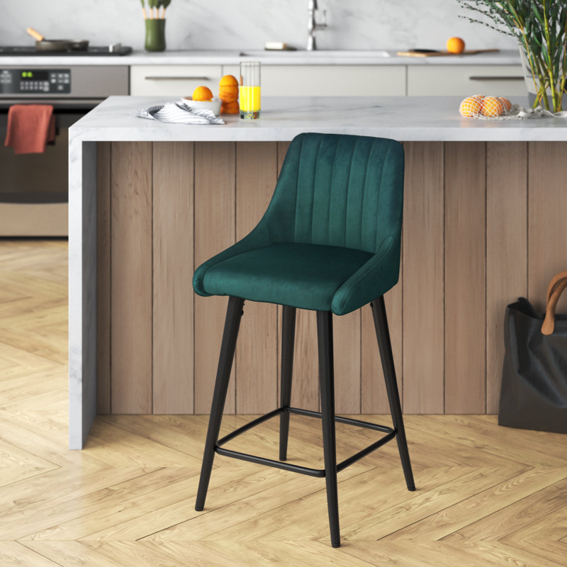 Hallberg Upholstered Velvet Counter Stool with Iron Frame, Malachite Green Velvet
