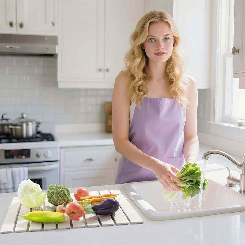 Stone Dish Drying Mat – White – Large, Foldable, Quick-Dry, Eco-Friendly Diatomaceous Earth, Absorbent, Countertop Use For Dishes, Bottles & Cups