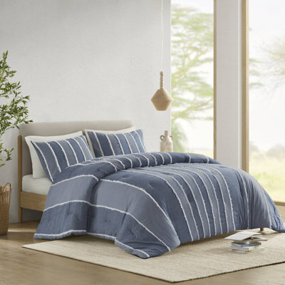 Shay Blue 3-Piece Striped 100% Cotton King/Cal King Comforter Set
