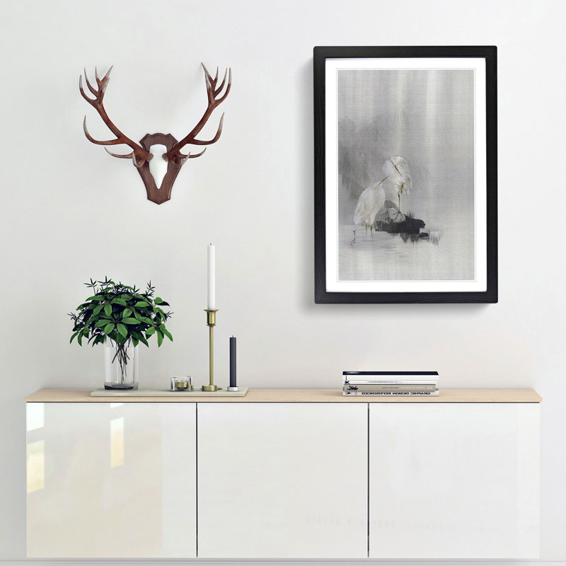 Egrets at the Waters Edge by Watanabe Seitei - Picture Frame Painting Print, 36cm H x 27cm W x 2cm D, Black Framed