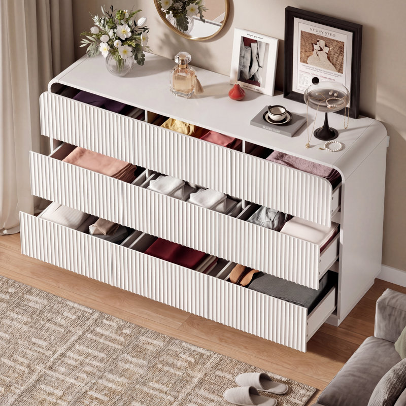Fluted 9-Drawer Dresser for Bedroom,59"Wide Dressers & Chest of Drawers With  Concealed Handles, White