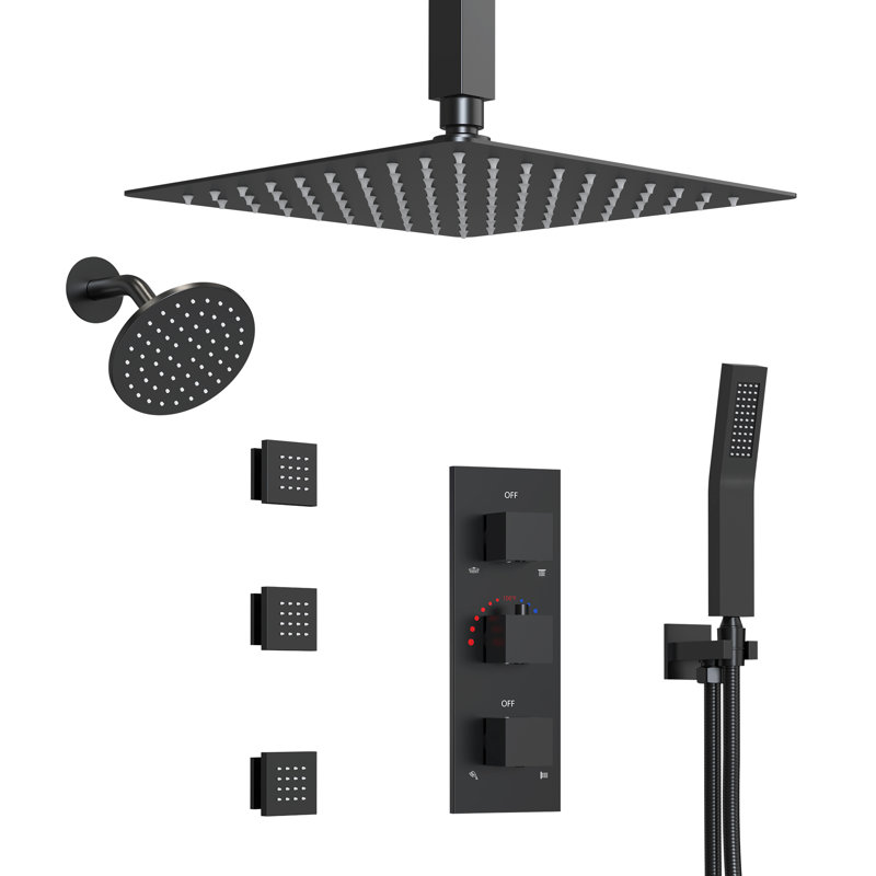 Ceiling Mount 12" Dual Rainfall Thermostatic Shower System with 6 Body Jets and Handheld Spray, Matte Black