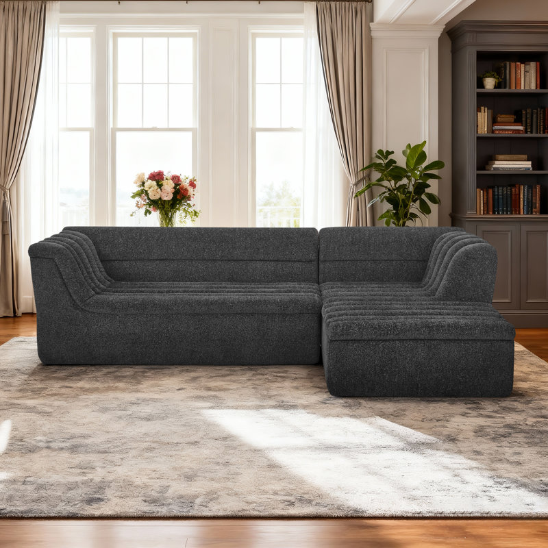 Canapé modulaire modulaire en chenille de 106 po avec méridienne, Black Chenille