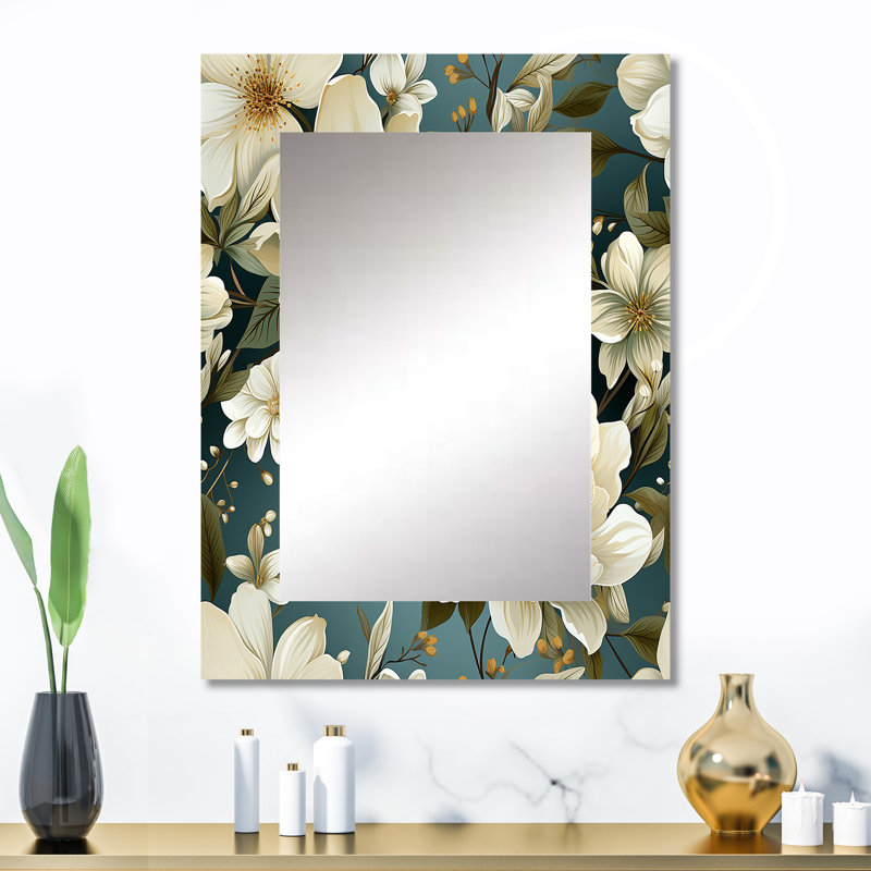 Adolina White Green Elegance Botanical Pattern - Floral Mirror, Cottage Unique Wall Mirror, Printed Metal Art, 32" x 24"
